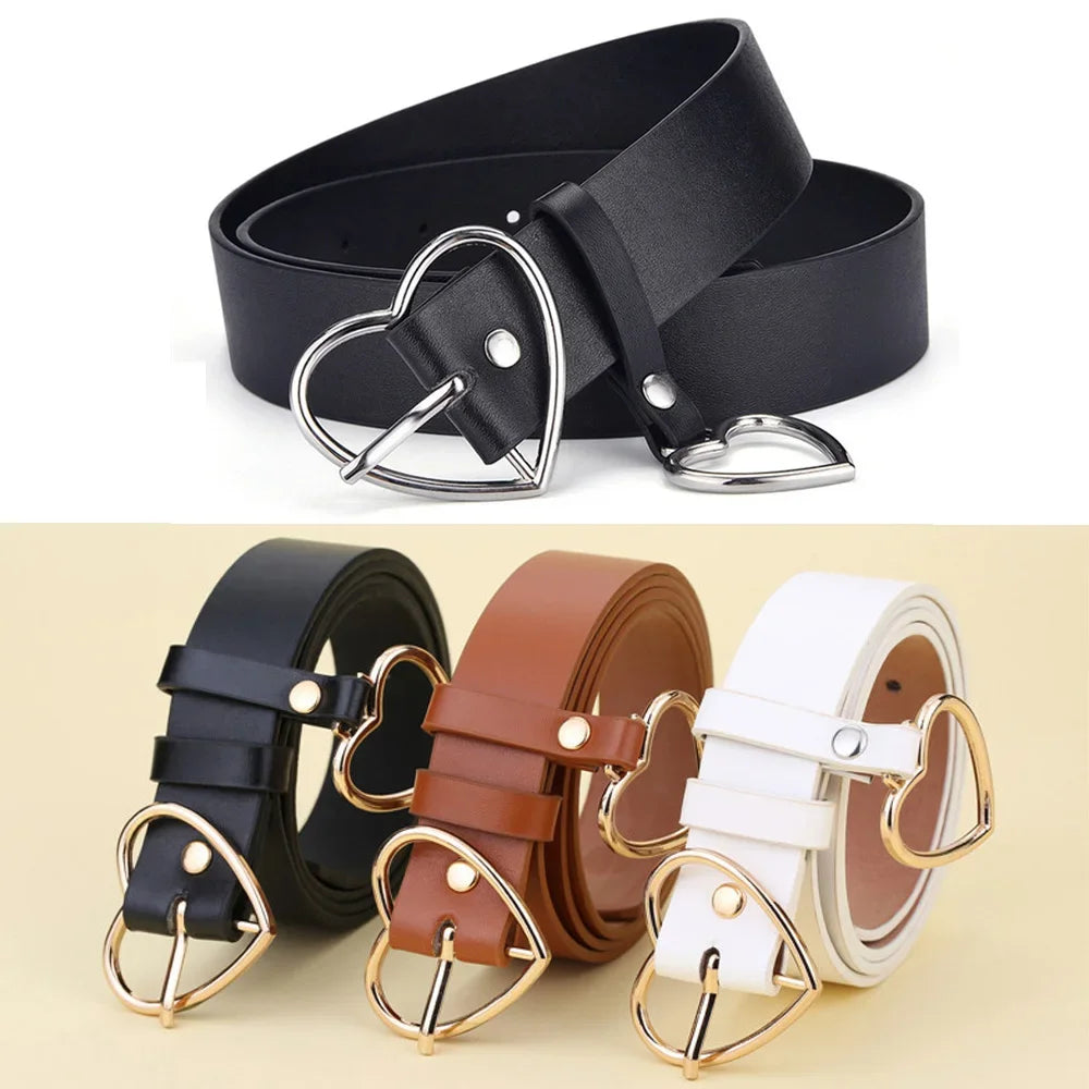 Cute Leather Belt Metal Heart Shape Buckle Camel White Black Retro PU Zpaxo