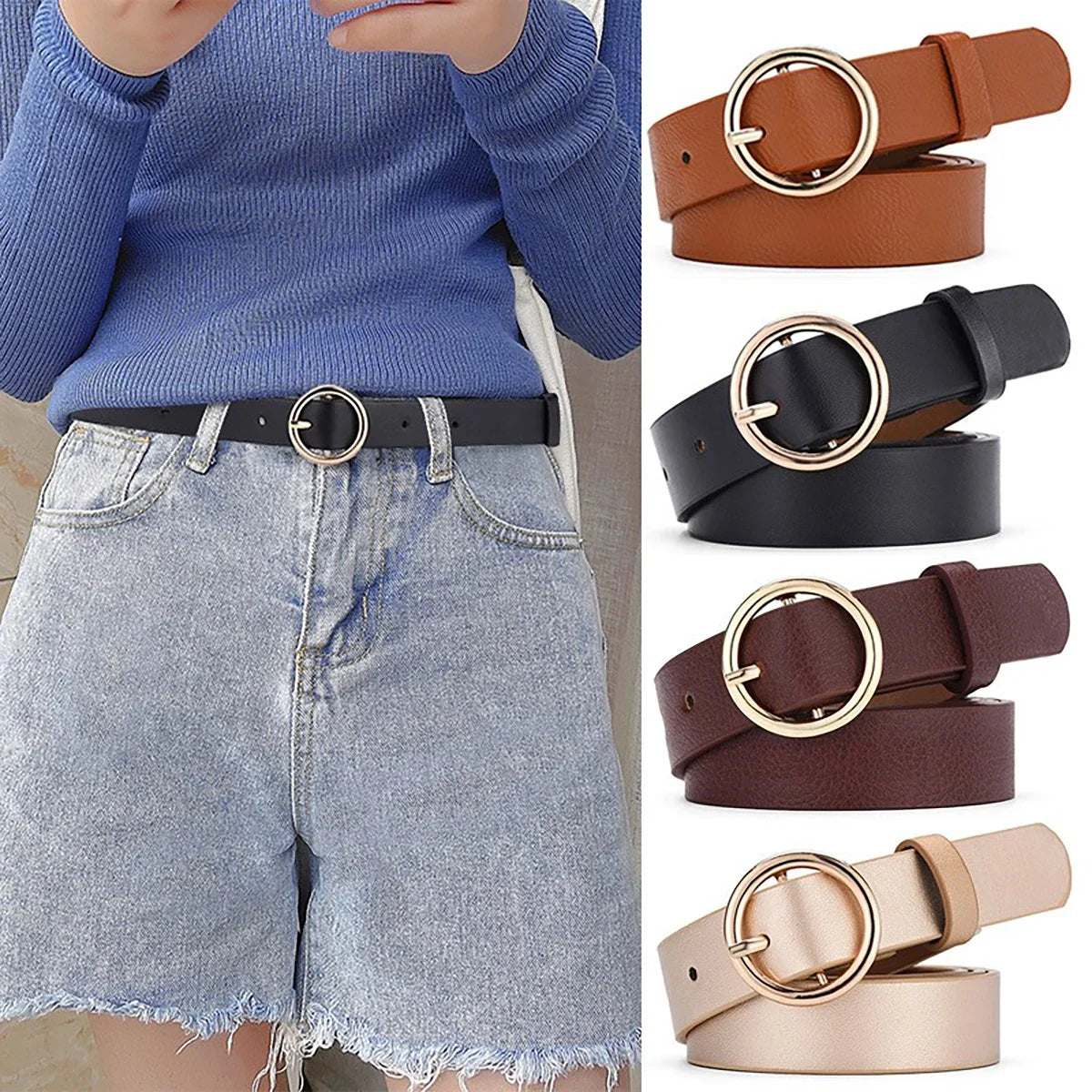Women's Belt Fashionable Round Buckle Jeans Cargo Pants Skirt Thin Zpaxo