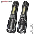 High Power LED Flashlight Type-C Rechargeable Waterproof Torch with COB Side Light Zoom Portable Camping Hiking Lamp Zpaxo 2Psc Black