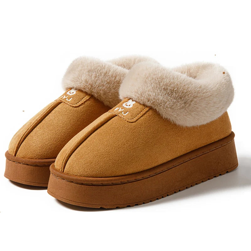Winter Woman Slippers Plush Anti Slip Sole Thick Bottom Embroider Zpaxo brown 38-39