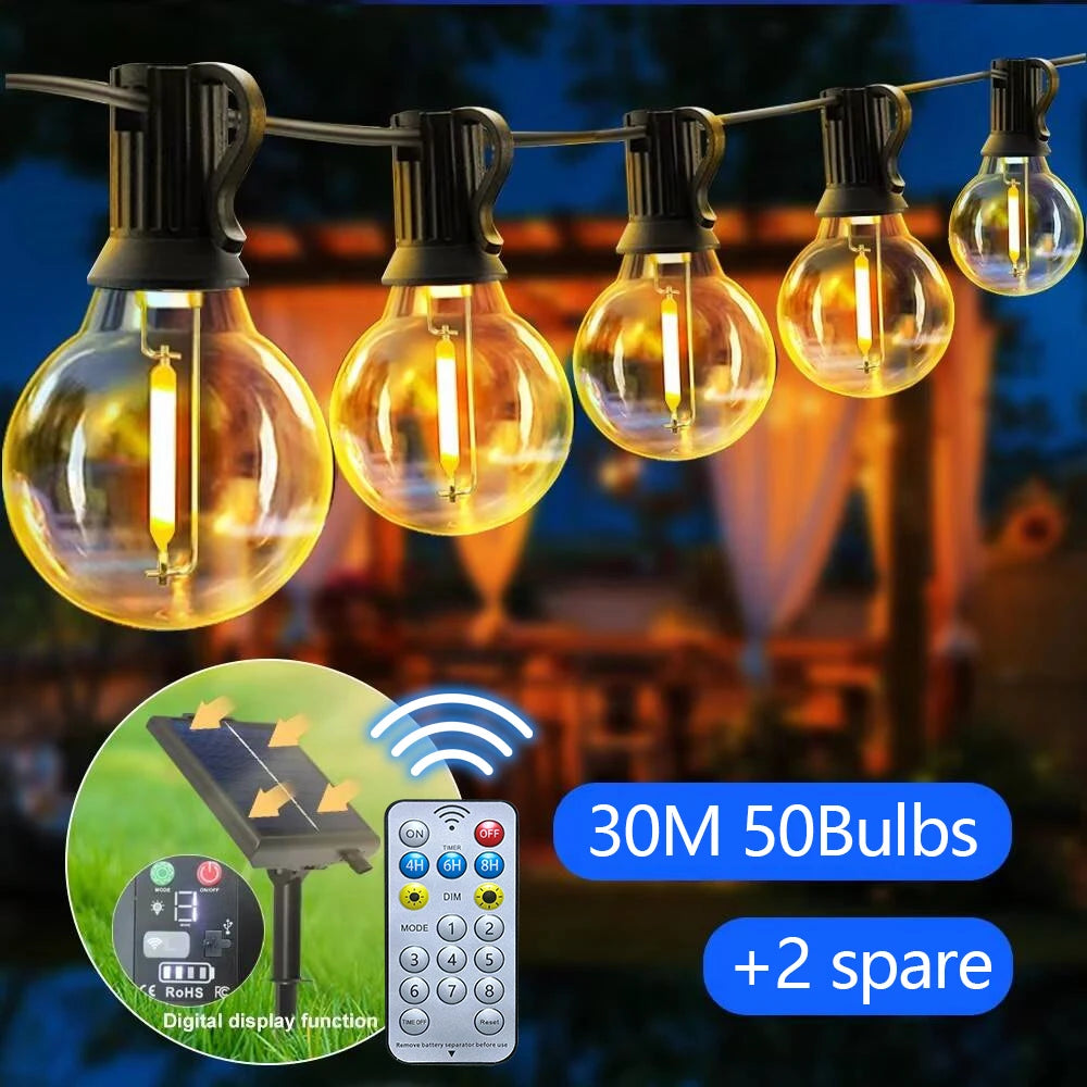 Solar String Lights Outdoor with Remote LED Shatterproof Bulbs Dimmable G40 Solar String Lights for Outside Backyard Party Decor Zpaxo 99FT 30M 50Bulbs Include RF Remote