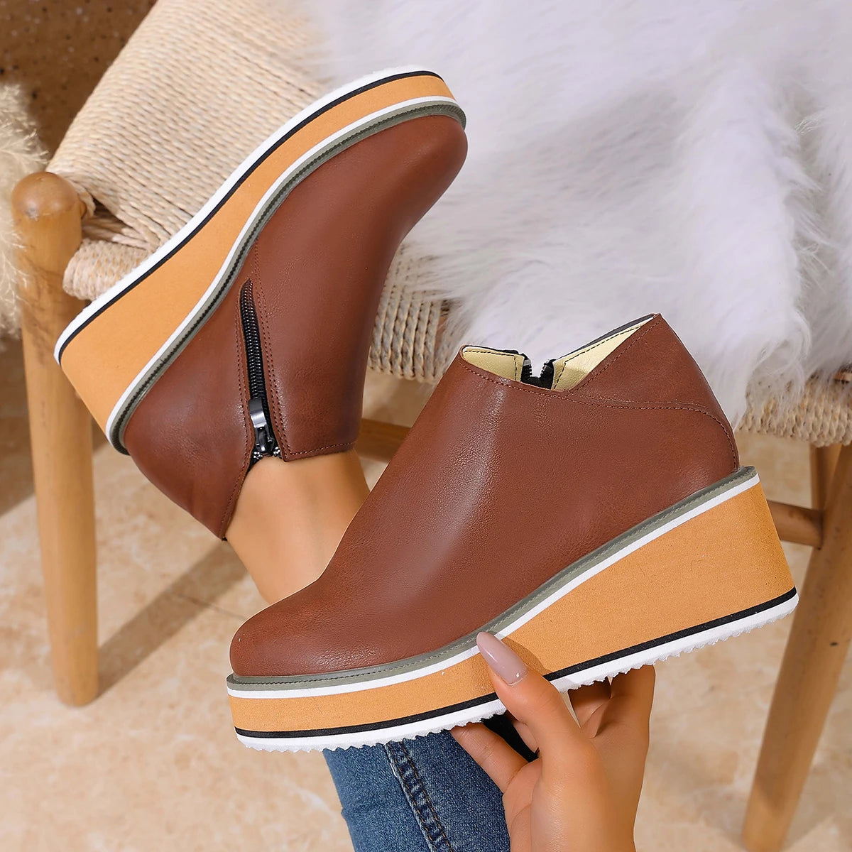 2025 New Women Boots Fashion Zipper Ankle Boots for Women Designer Wedge Platform Boots Pu Leather Casual Shoes Botas De Mujer Zpaxo wine red 42