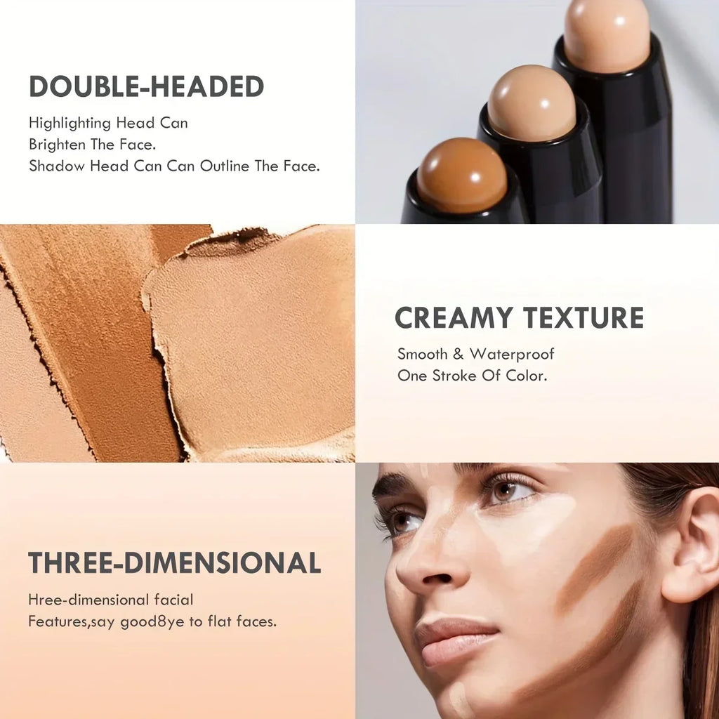 Face Contour Stick Double-Ended Highlight and Shadow CreamWaterproof Full Coverage Concealer, Natural Finish Makeup for All Skin Zpaxo