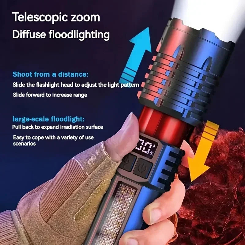High Power LED Flashlight Portable Zoom Torch Type-C Rechargeable Waterproof Light with COB Side Lamp for Outdoor Camping Hiking Zpaxo