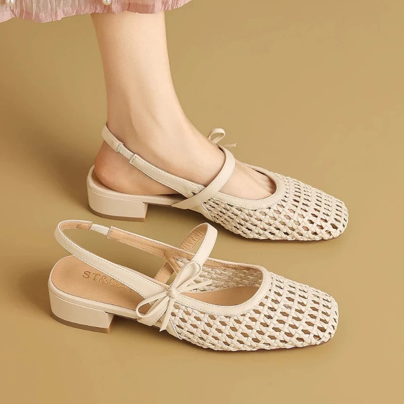 Square Closed Toe Weaving Solid Hollow Out Breathable Bow Zpaxo