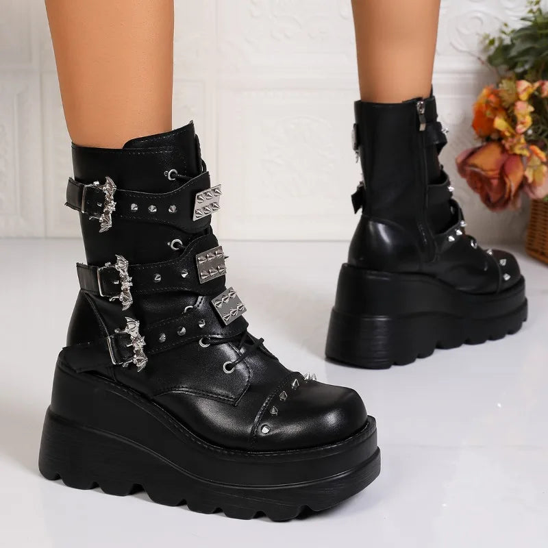 Spring Autumn Women's Solid Side Zipper Wedge Heel Mid Boots Women Zpaxo