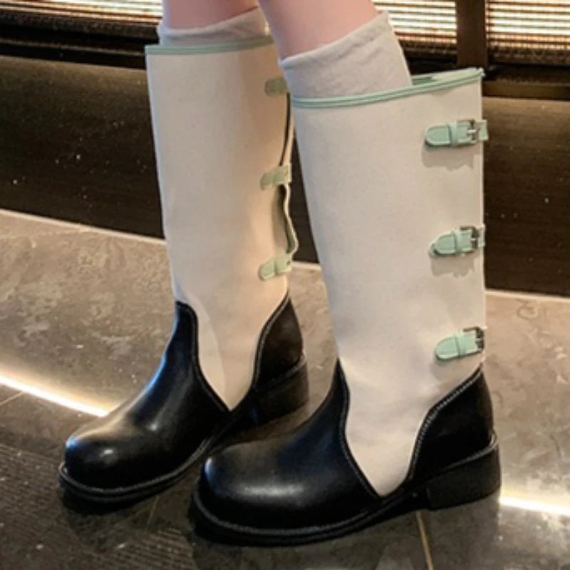 Spring Autumn Women's Round Toe Vintage Comfortable Mid Heel Boots Zpaxo black-green 34