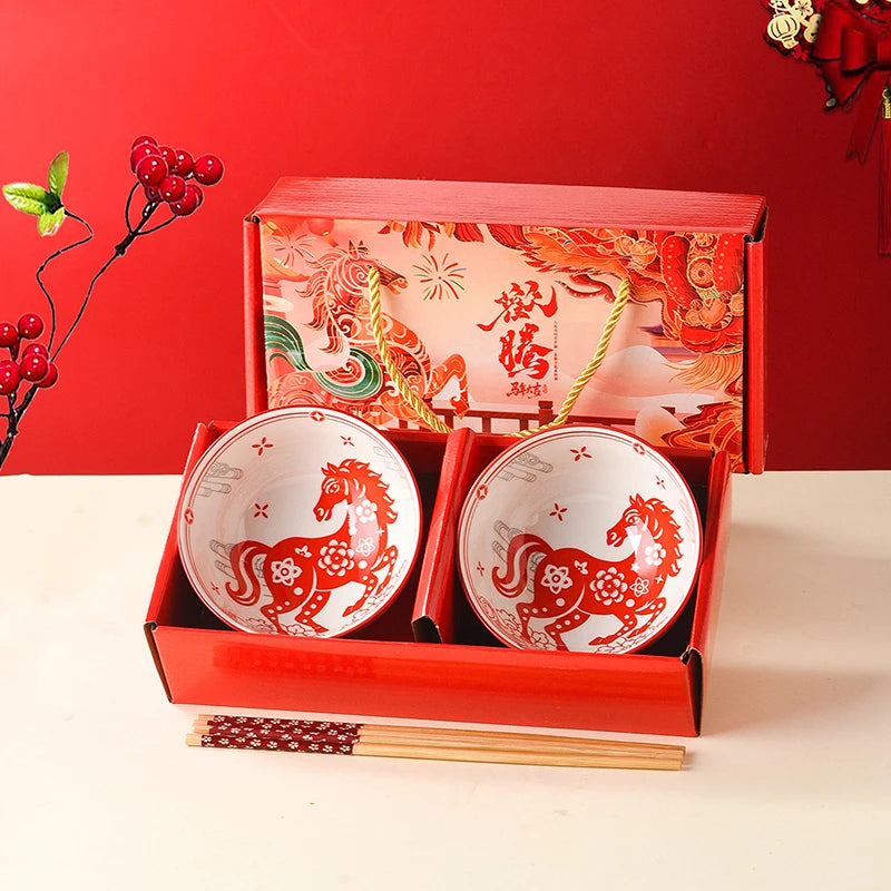 Year Horse Ceramic Bowls Chopsticks Year's Souvenir Zpaxo one size A
