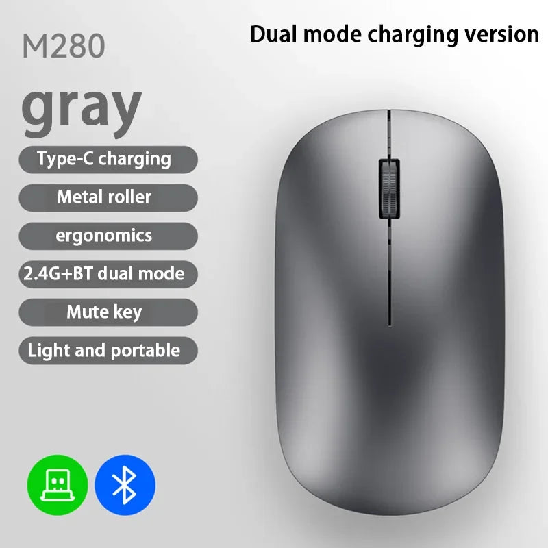 Wireless Bluetooth Mouse Dual Mode DPI Adjustable Type-c Rechargeable Zpaxo Gray