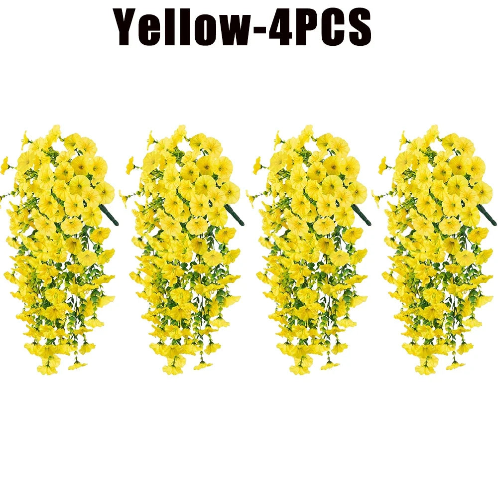 Artificial Hanging Flowers Plants Silk Morning Glory Eucalyptus Zpaxo Yellow-4PCS