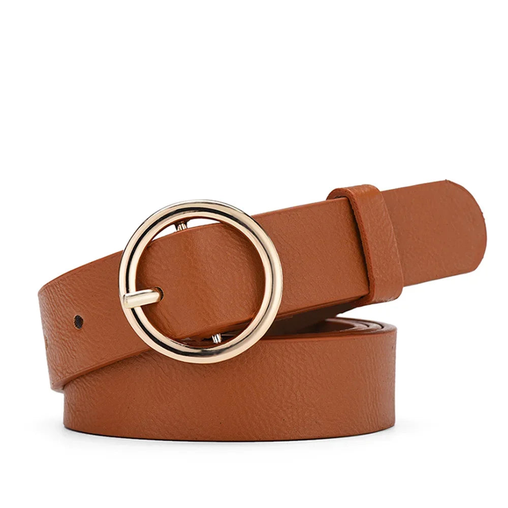 Women's Belt Fashionable Round Buckle Jeans Cargo Pants Skirt Thin Zpaxo khaki 105cm