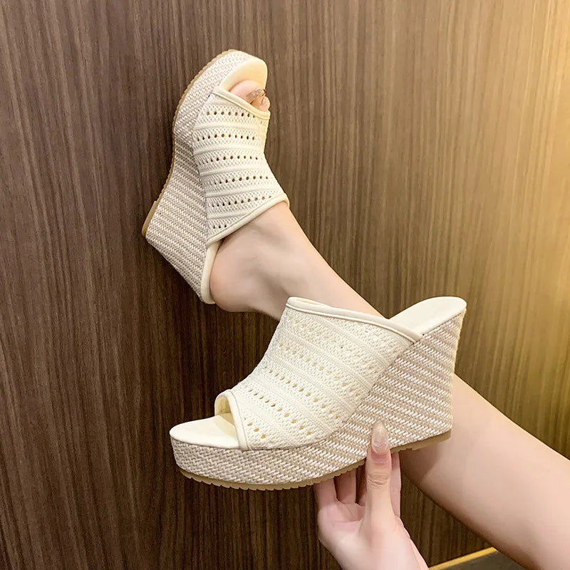Beautiful Sandals and Slippers Women's Summer Wear Waterproof Platform Straw Thick-soled Wedge Heel High Heel Shoes Zpaxo 43 WHITE