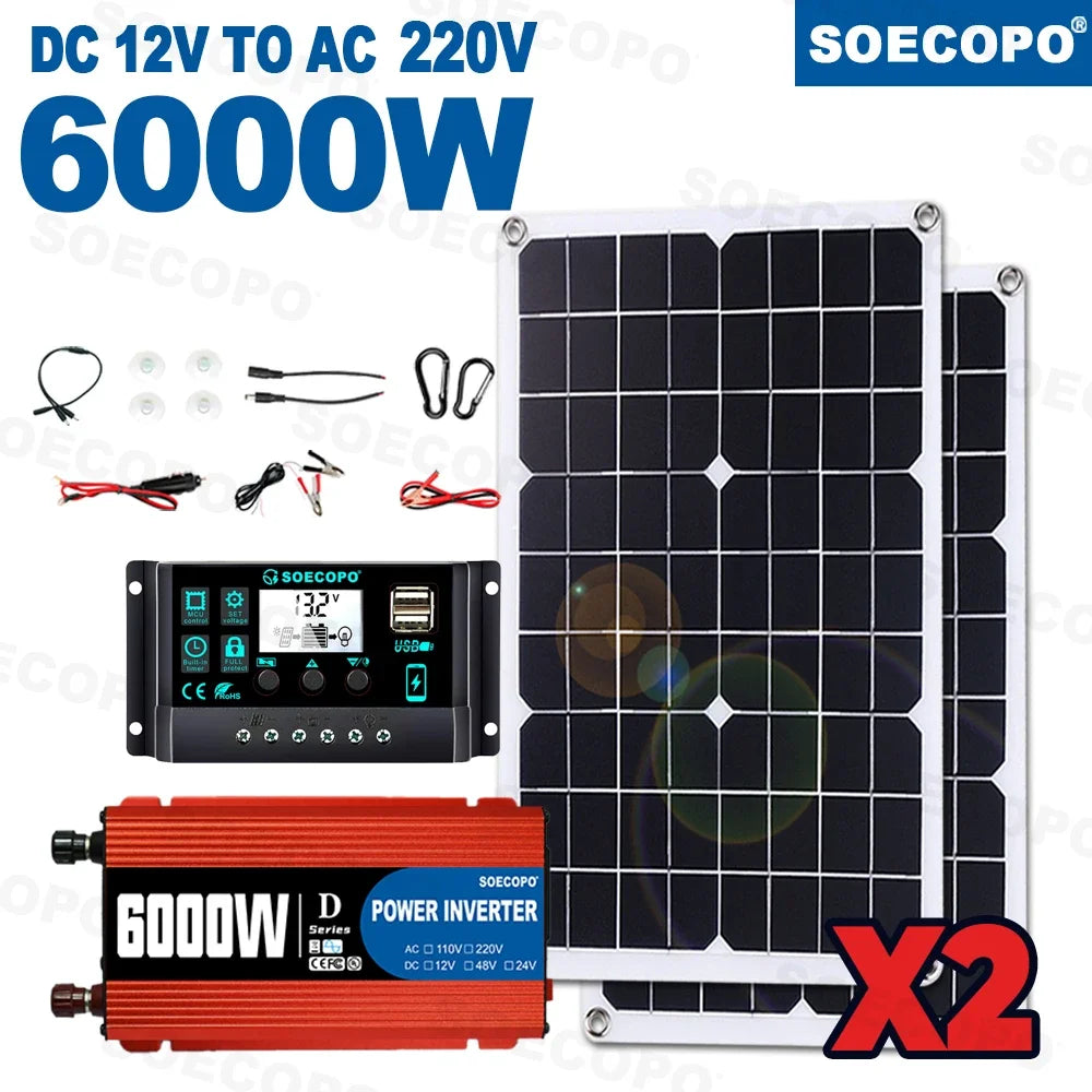 6000W Complete MINI Solar SOECOPO 2 500W Panels+100A Controller+DC Zpaxo 220V Solar Set
