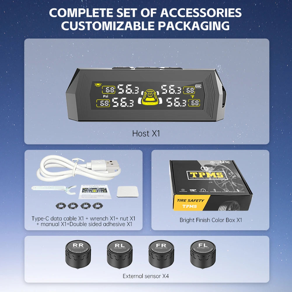 0-6 8Bar 4 External Sensors Digital LCD Display USB Solar TPMS Tyre Zpaxo