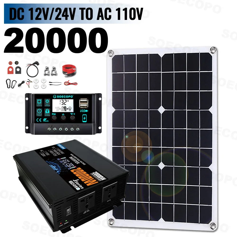 SOECOPO 20000W Complete Solar System Set 500W Solar Panel, Inverter(2 Sockets) 12V/24V 110V/220V, 100A Controller Home, Camping Zpaxo 12V 24V To 110V 60Hz