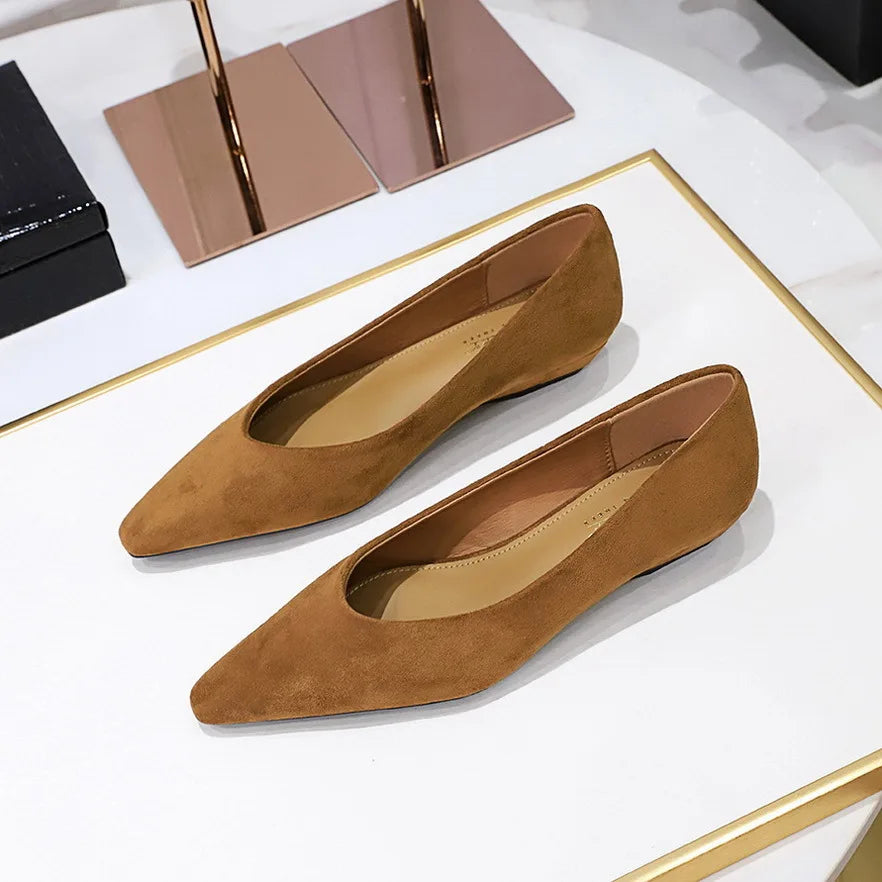 Flat Shoes for Women Spring and Autumn 2025 New Pointed Toe Sloping Heel Suede Shallow Low Heel Leopard Print Women's Shoes Zpaxo Light Brown 42