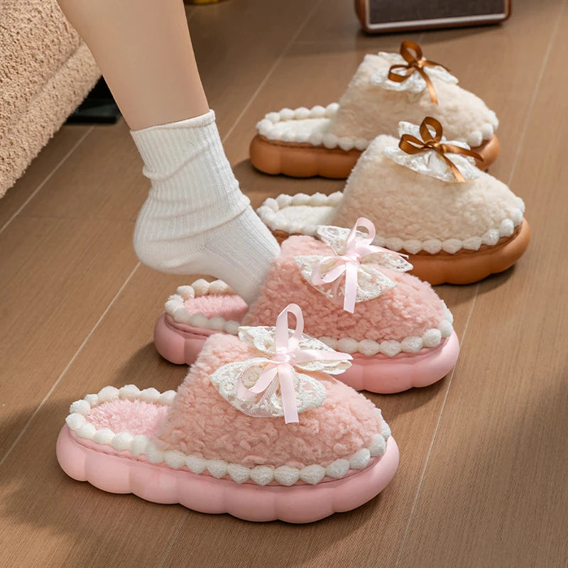 Winter Warm Fur Slippers Women Thick-soled Household Cute Bow Non Zpaxo
