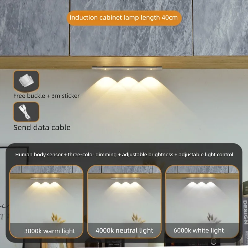 Wireless Ultra Thin Motion Sensor LED Cabinet Light USB Rechargeable Dimmable Lamp 3 Colors for Kitchen Wardrobe Bedroom Stairs Zpaxo 3 colors in one Lamp 40cm White