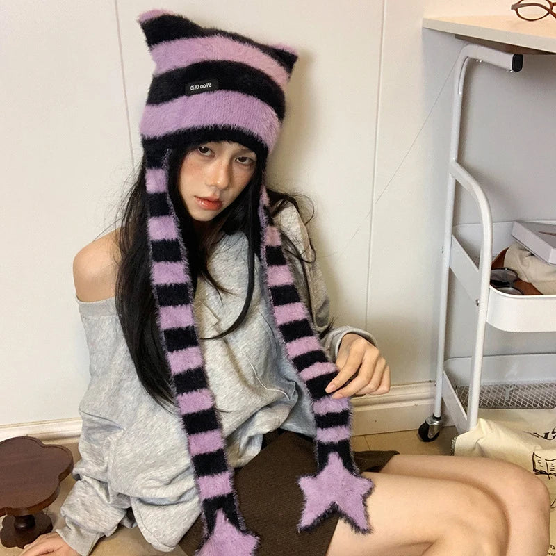 Y2k Subculture Girl Sweet Cool Hat Star Striped Plush Knitted Zpaxo Purple one size