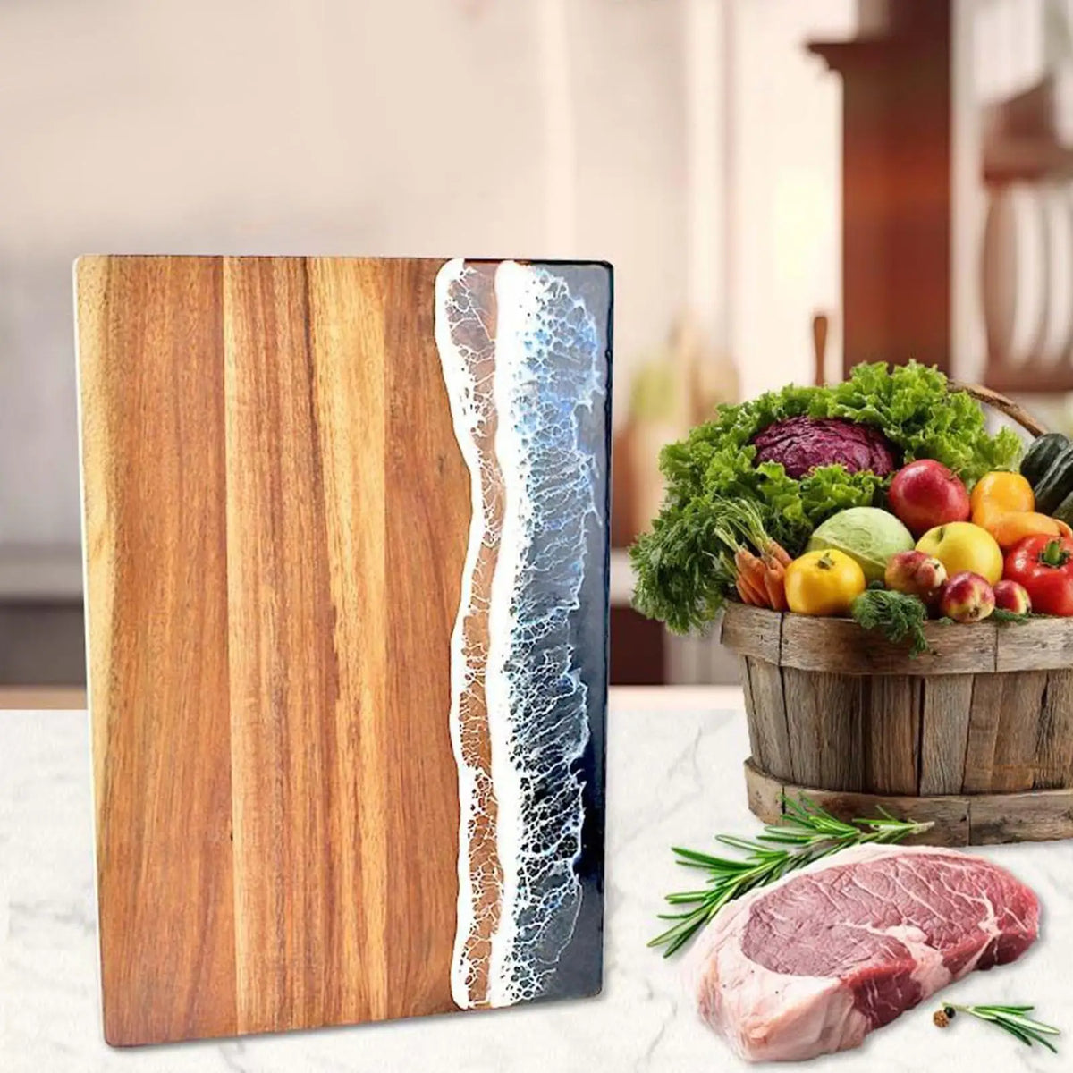 Cutting Board Wooden Resin Double Sided Tray Chopping Beach Pattern Zpaxo