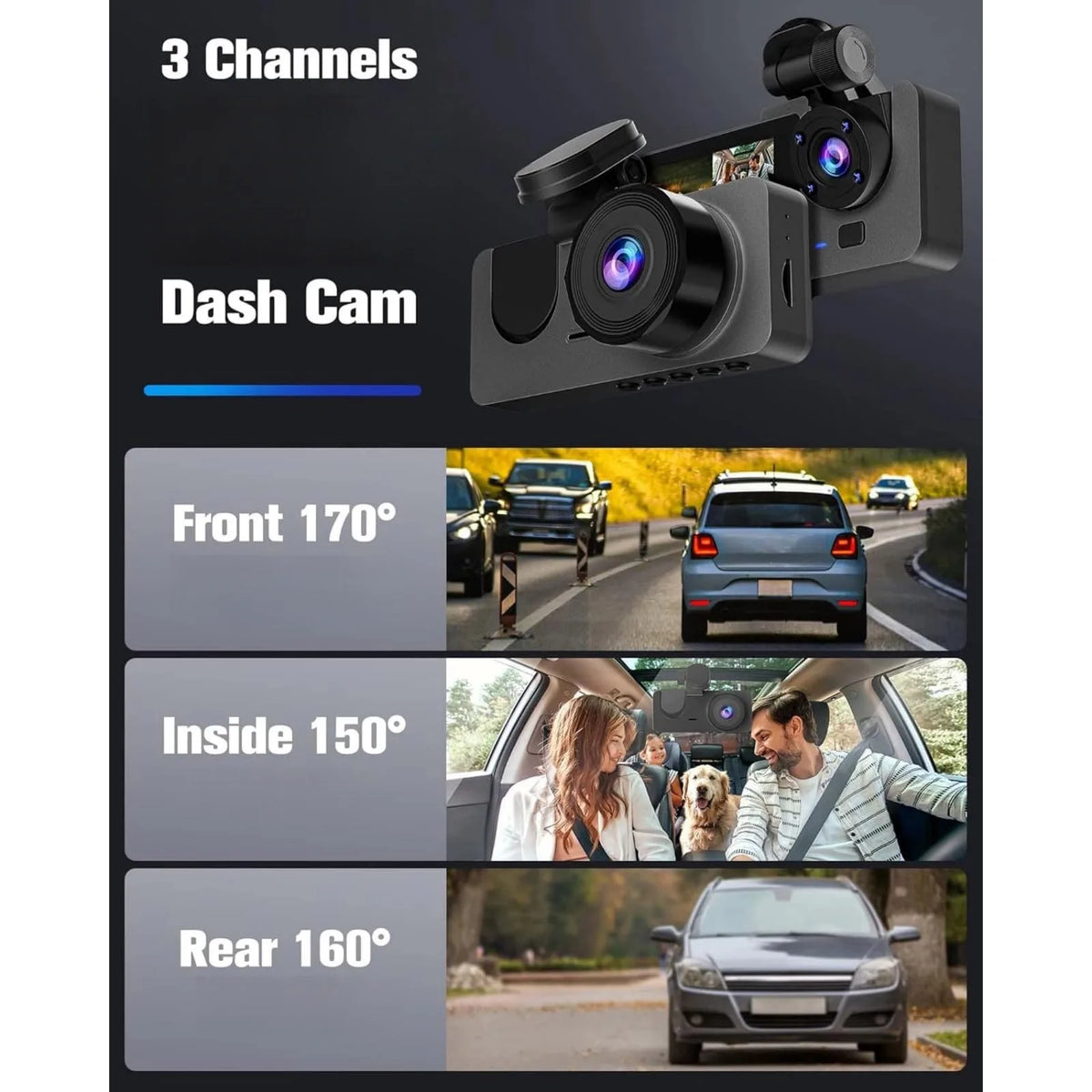 Dual Lens Wifi Dashcam 3 Channels Car Camera Video Recorder Night Zpaxo