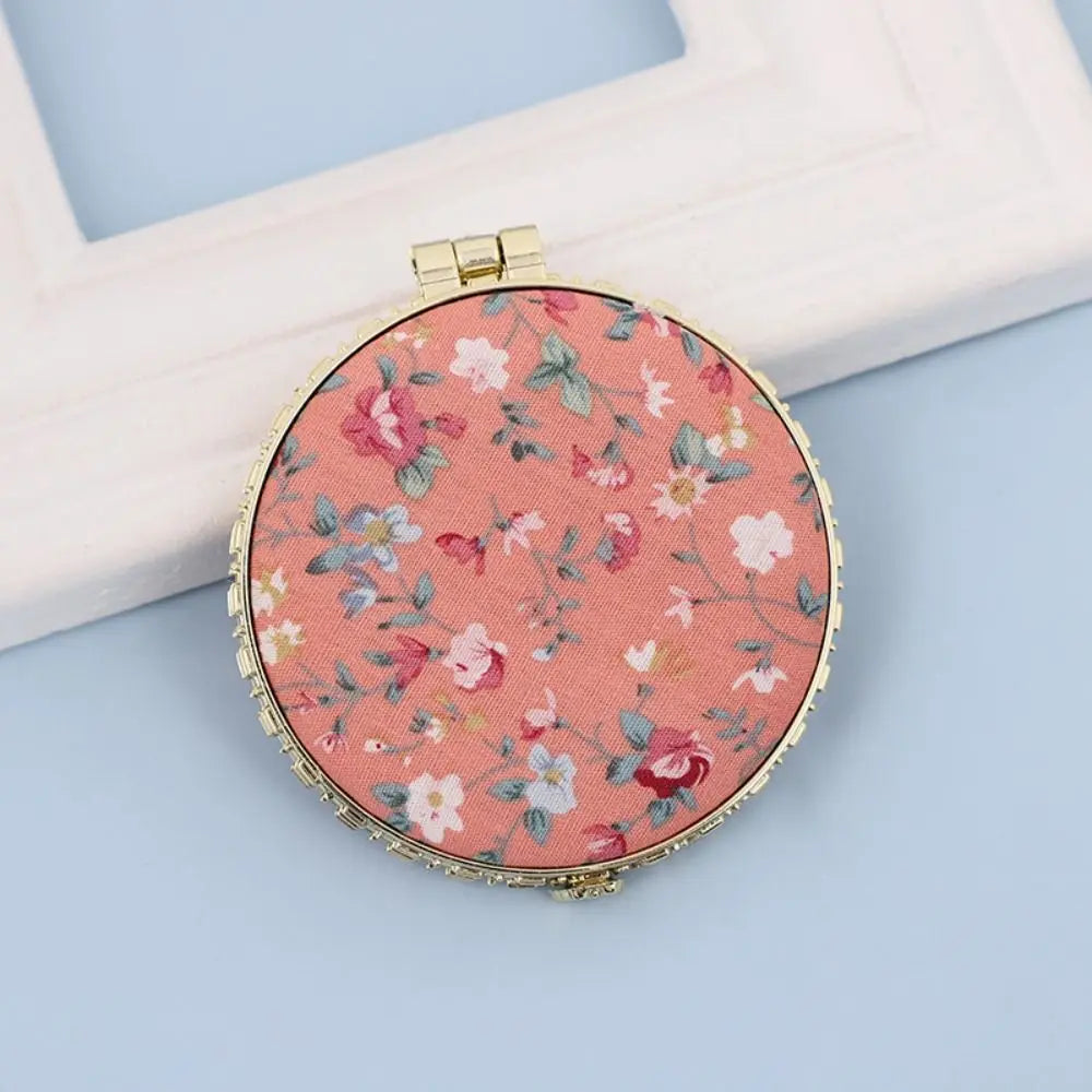 Vintage Mini Makeup Floral Mirror Foldable 4 Shapes Compact Pocket Hand Mirror Portable Cloth Cover Pocket Cosmetic Mirror Zpaxo Round-Orange