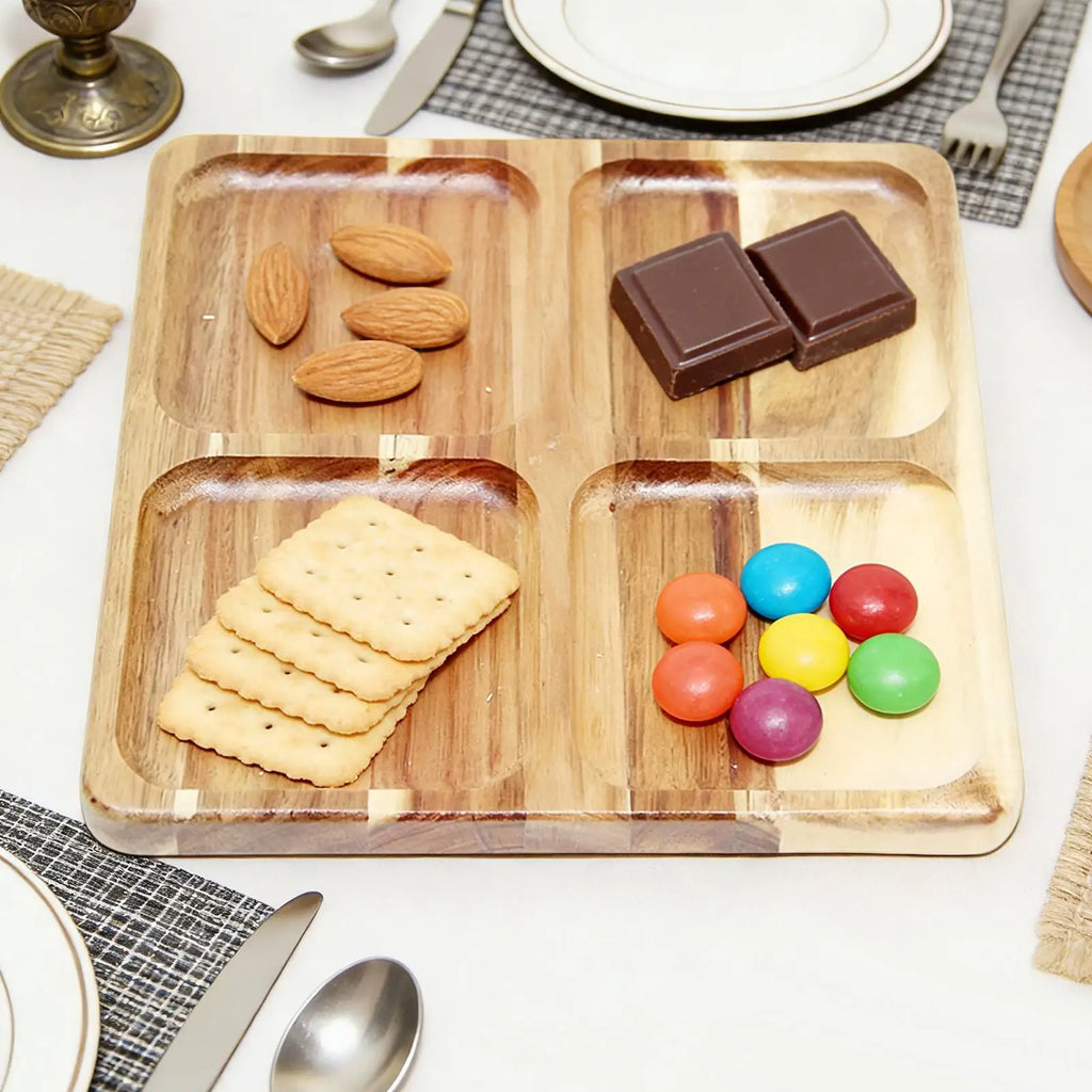 Divided Serving Tray Wooden Square Food Dish Veggie Platter Appetizer Zpaxo