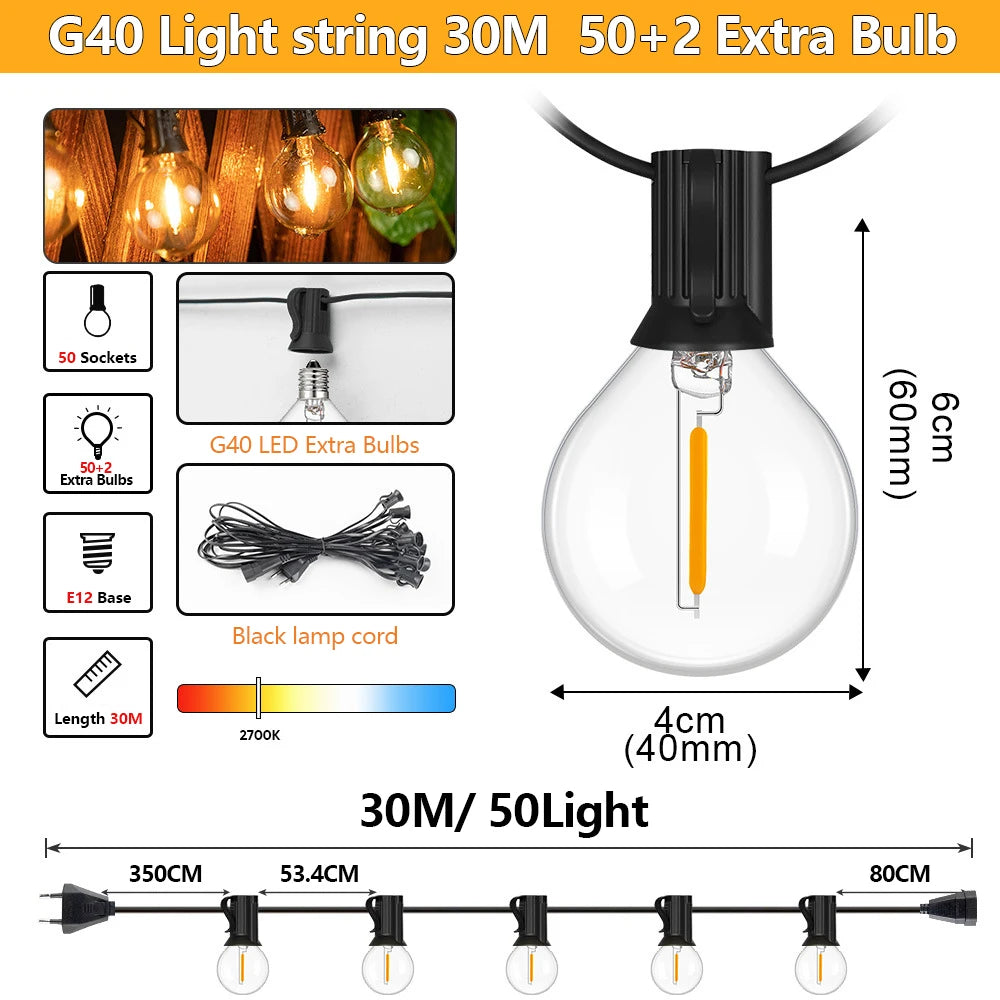 LED Indoor G40 String Light 220V EU Plug Shatterproof Light Bulb 7.6M-30M Length E12 Base LED G40 String Light for Holiday Party Zpaxo 30M 50Bulbs EU Plug