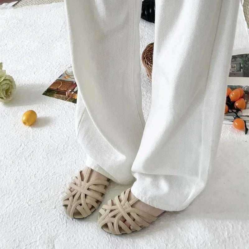 2025 Summer Fashion Weaving Hollow Flat Bottom Baotou Comfortable Zpaxo Beige 34