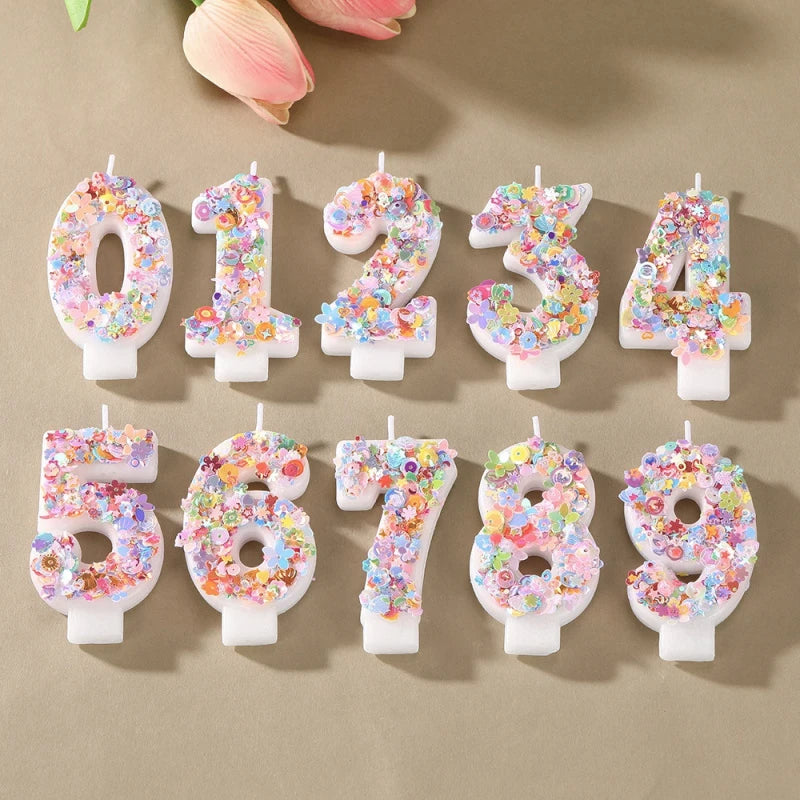Sequined Flower Number Birthday Candles 0-9 Party Cake Decorations Zpaxo