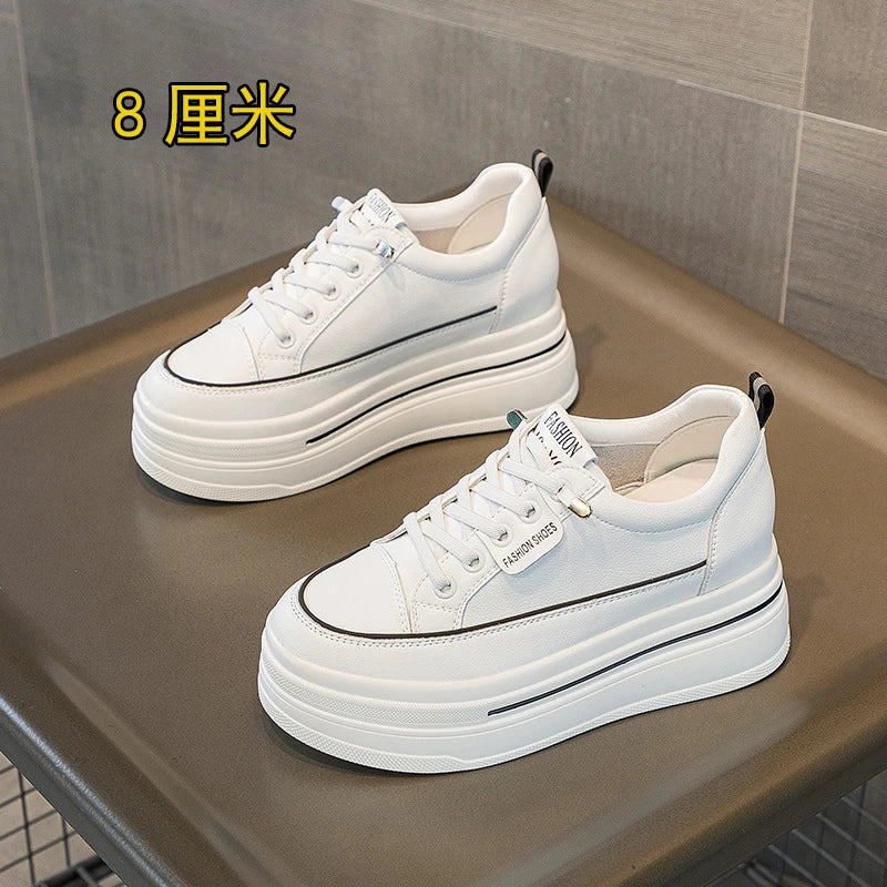 Women White Leather Platform Sneakers Hidden Heel Lift Casual Low Zpaxo