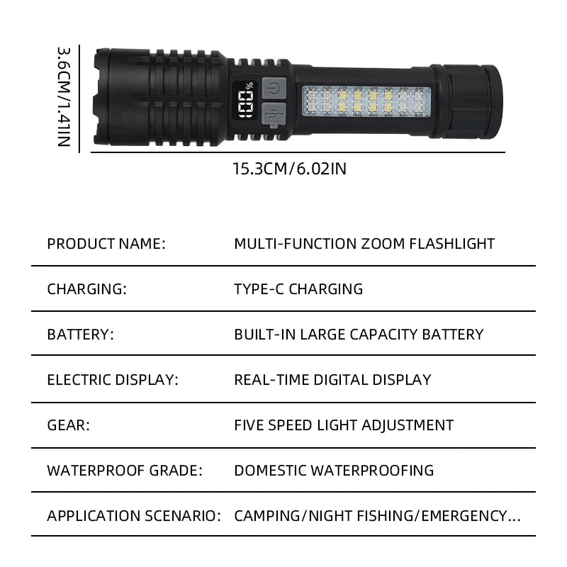 High Power LED Flashlight Portable Zoom Torch Type-C Rechargeable Waterproof Light with COB Side Lamp for Outdoor Camping Hiking Zpaxo