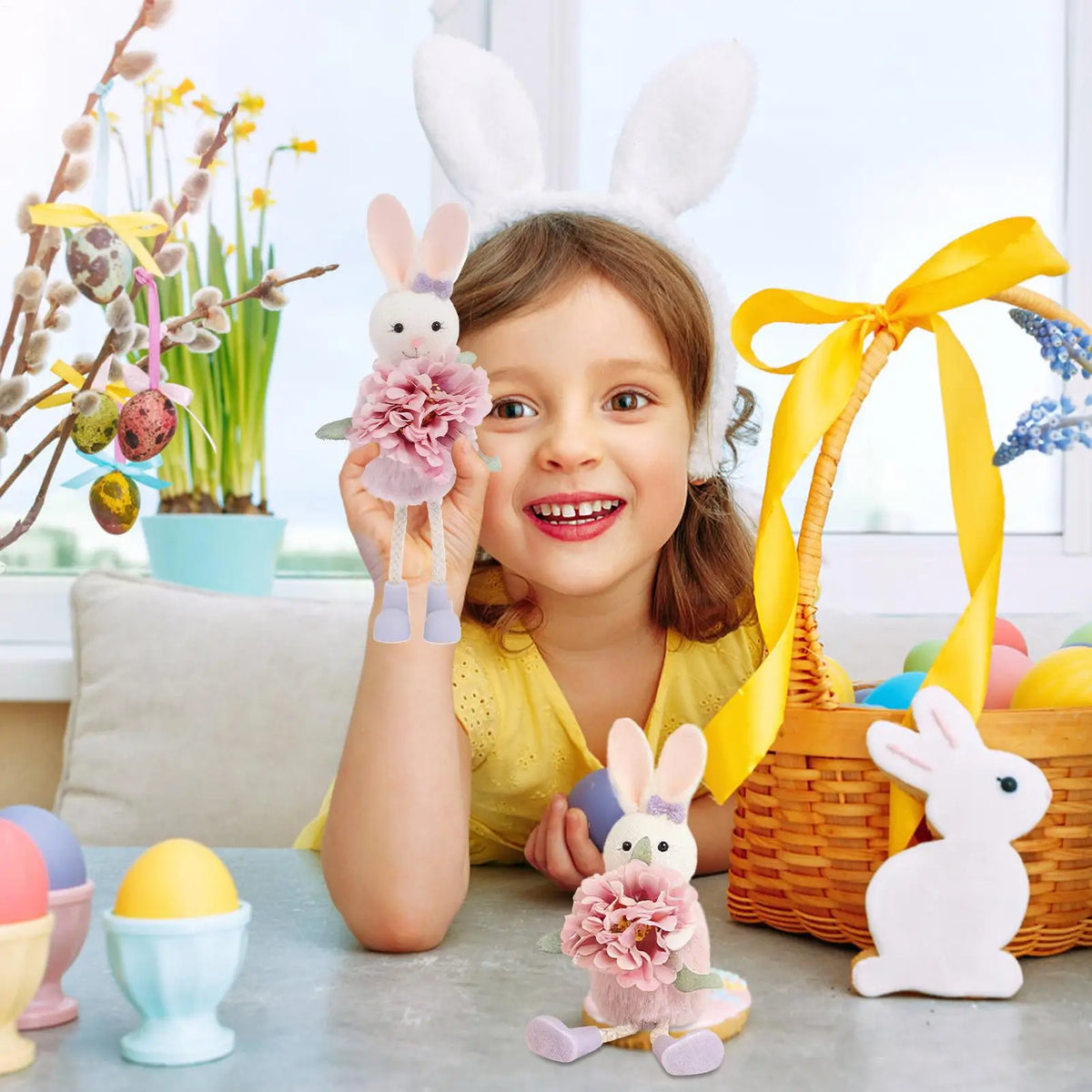 Easter Bunny Decor Cute Rabbit Figurines Spring Tabletop Mantel Tree Zpaxo