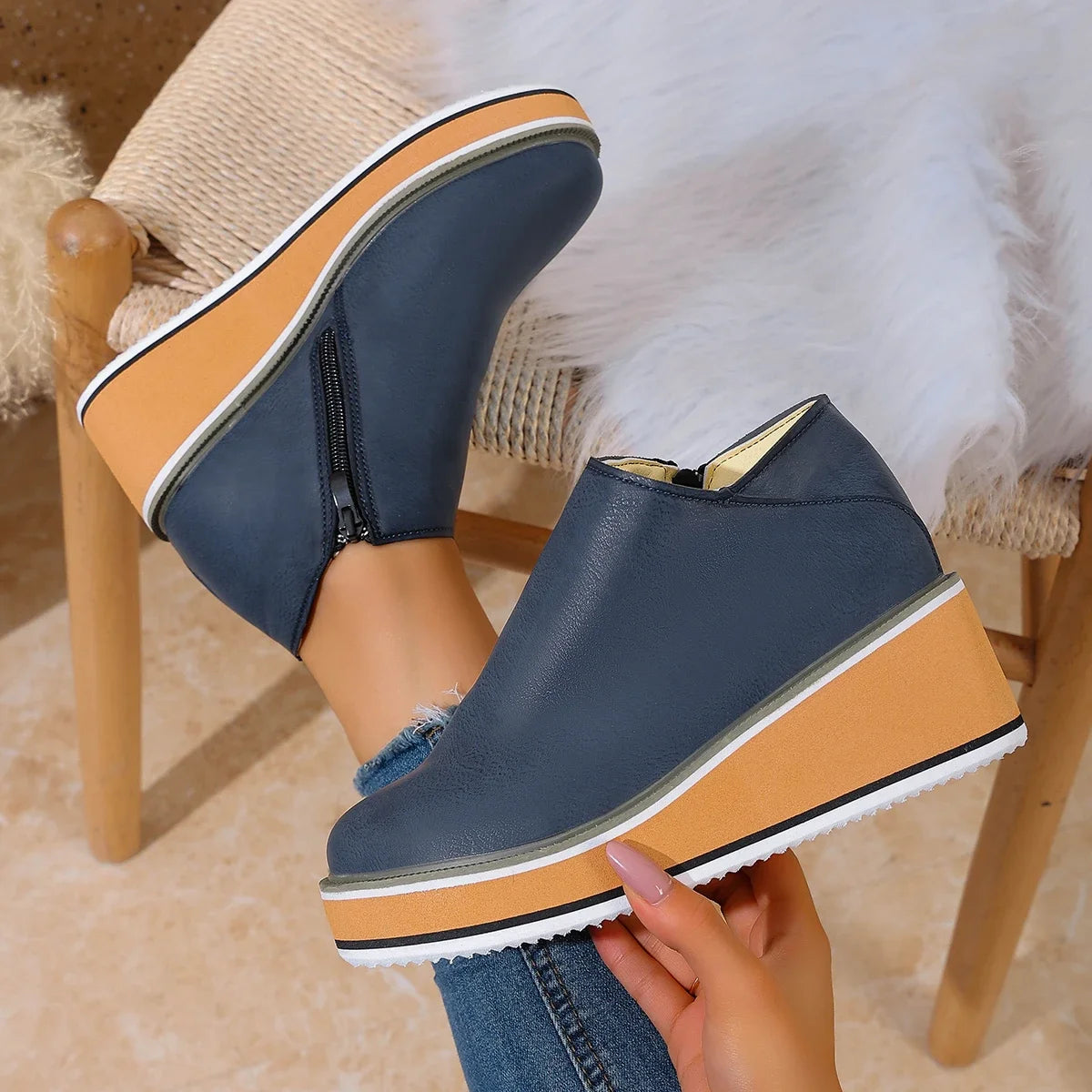 2025 New Women Boots Fashion Zipper Ankle Boots for Women Designer Wedge Platform Boots Pu Leather Casual Shoes Botas De Mujer Zpaxo Blue 42