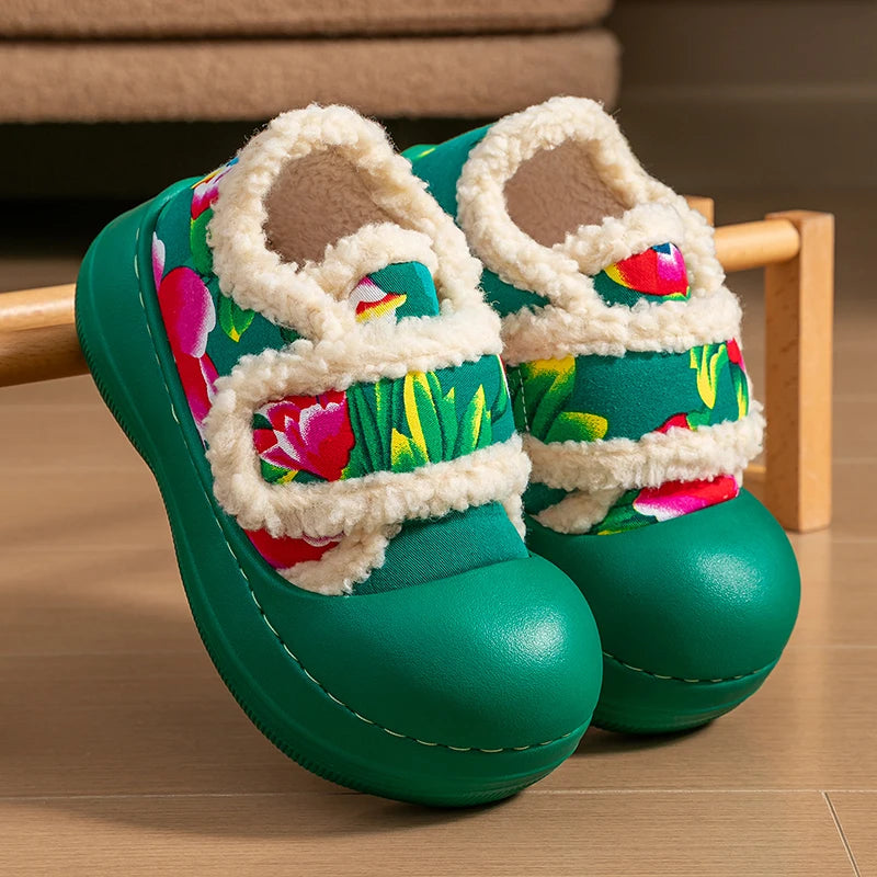 Unisex Winter Flower Pattern Slippers Cloud Feel Platform Warm Shoes Zpaxo