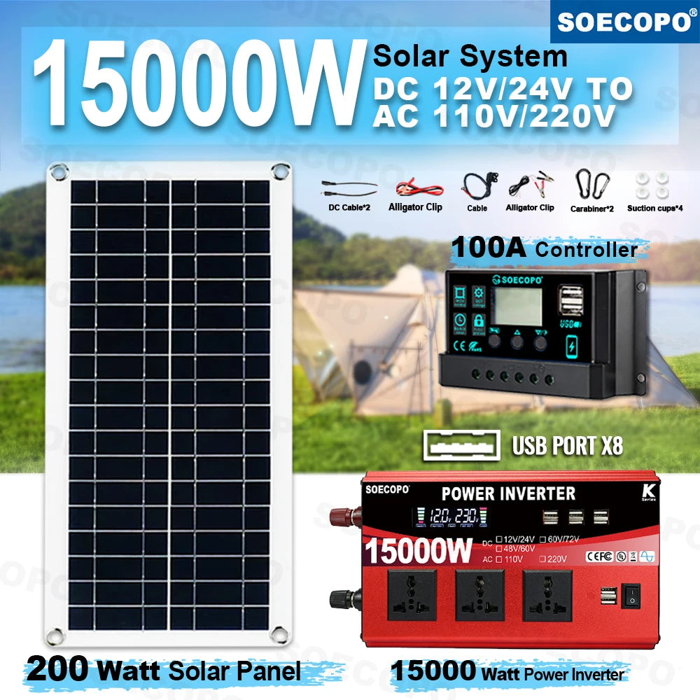 SOECOPO 15000W Portable Solar System 200W Panel Inverter 3 Sockets 8 Zpaxo