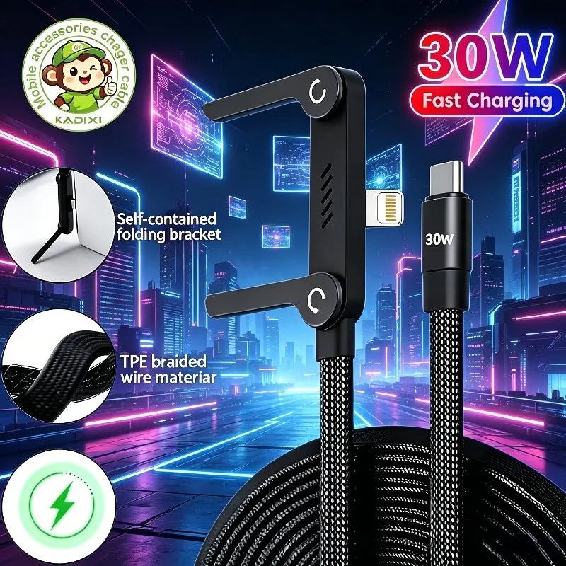 MFI Certified Side-folding Stand Type-c Lightning Cable Suitable Zpaxo black 1.5m