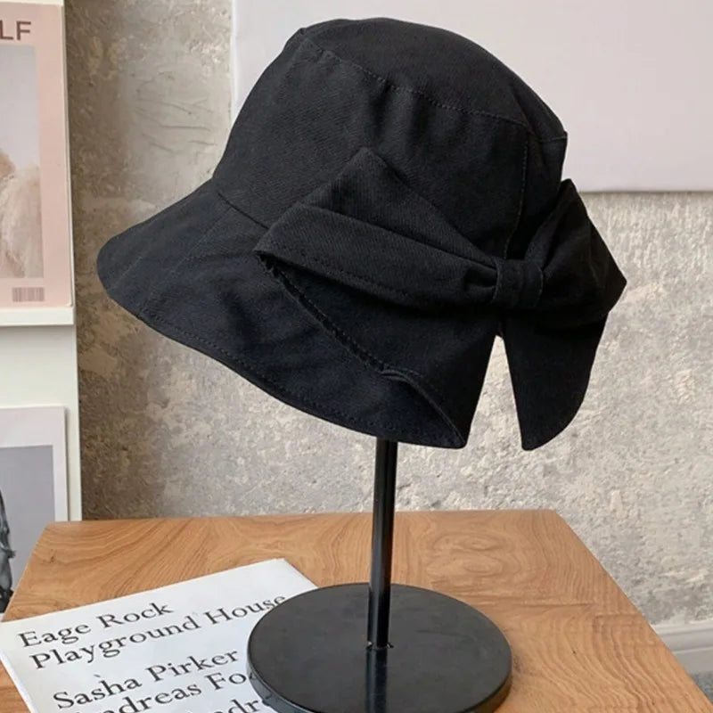 Women's Bowknot Fisherman Hat 2-Way Reversible Bucket UV Sun Zpaxo Black