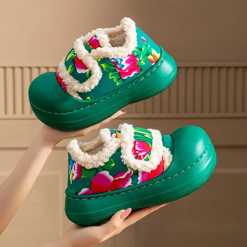 Unisex Winter Flower Pattern Slippers Cloud Feel Platform Warm Shoes Zpaxo