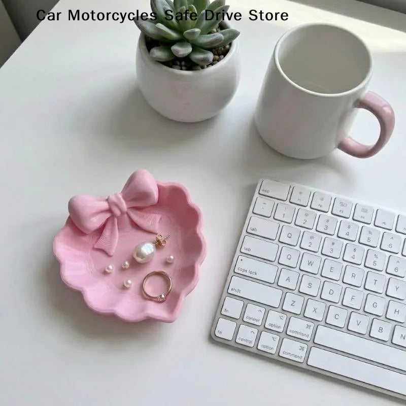 CMHeart-Shaped 3D Printed Jewelry Tray Pink Bow Elegant Decor Table Zpaxo