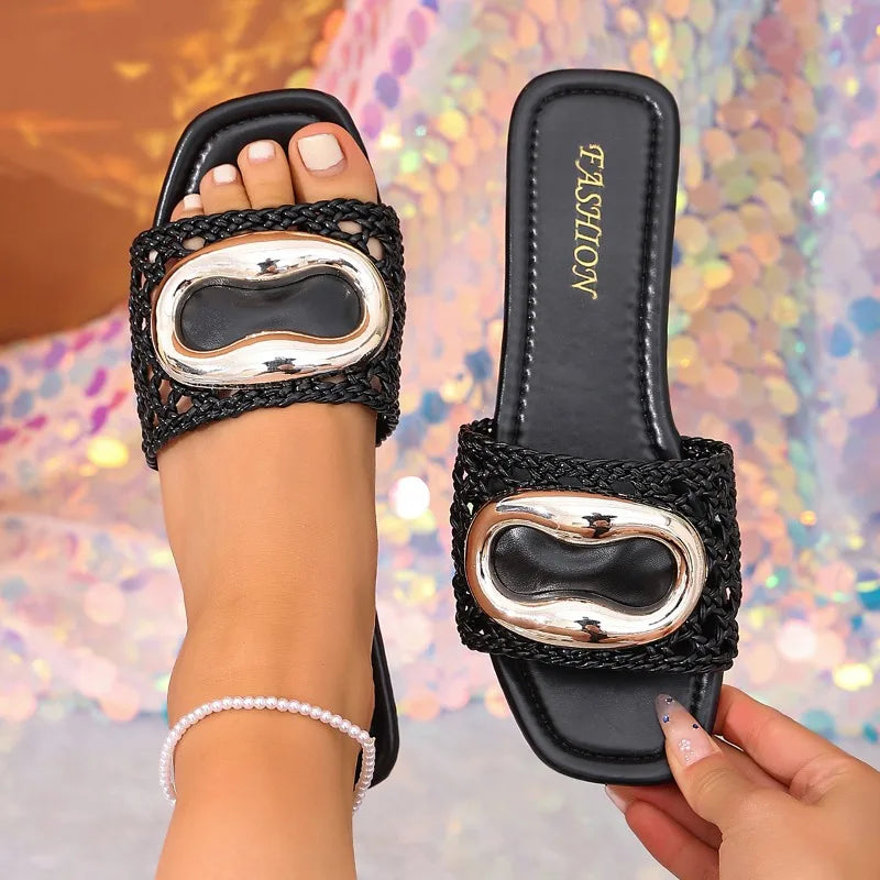 Women's Summer Weaving Breathable Metal Buckle Embellishment Square Zpaxo black 37