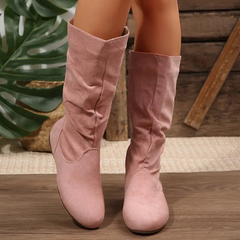 2026 Spring Autumn Women's Round Closed Toe Solid Vintage Mid Boots Zpaxo Pink 42
