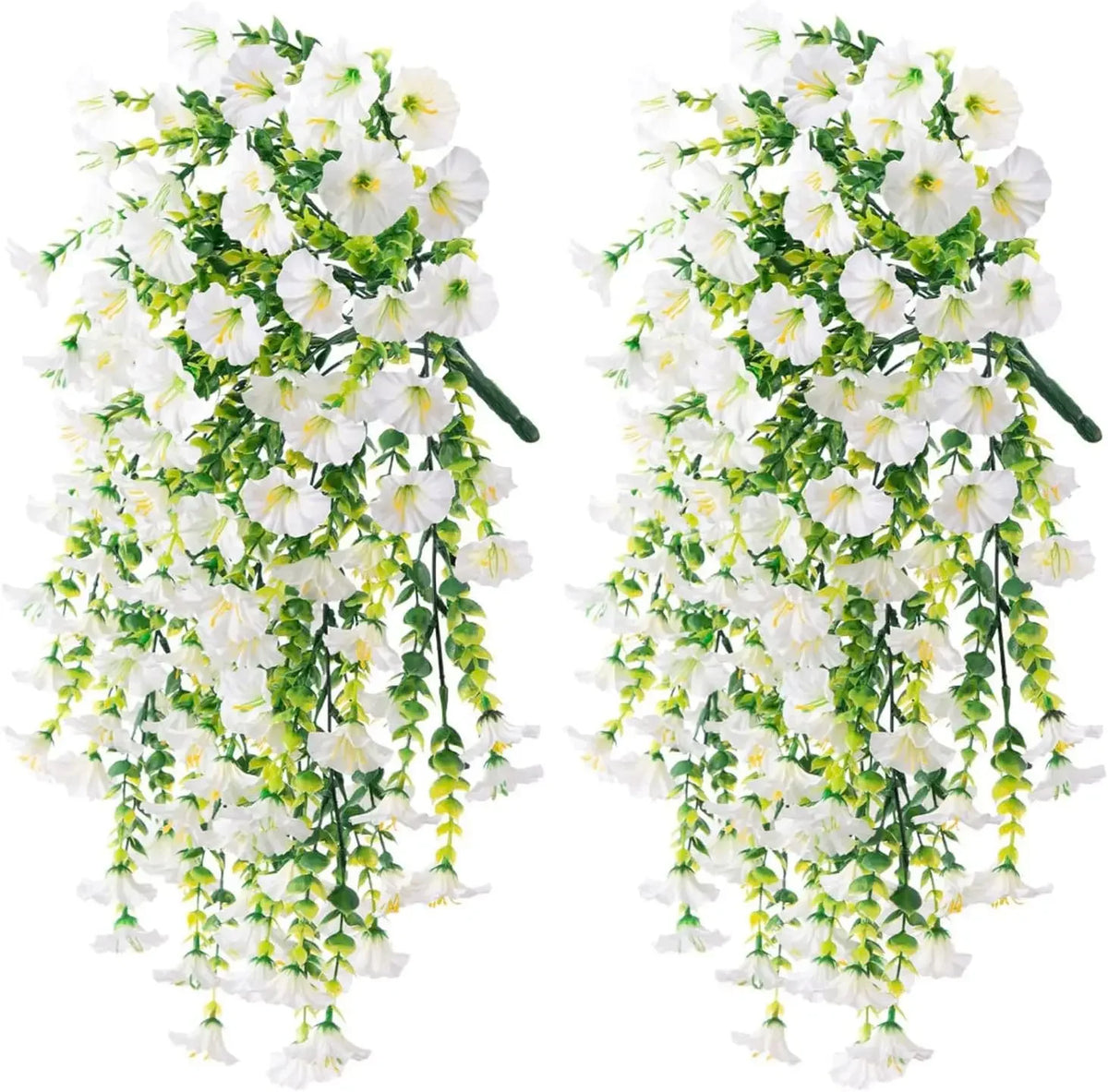 Artificial Hanging Flowers Plants Silk Morning Glory Eucalyptus Zpaxo White-2PCS
