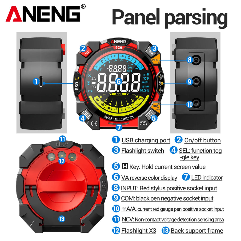 NCV Flashlight Rechargeable ANENG 626 6000 Counts VA Screen Voltage Zpaxo