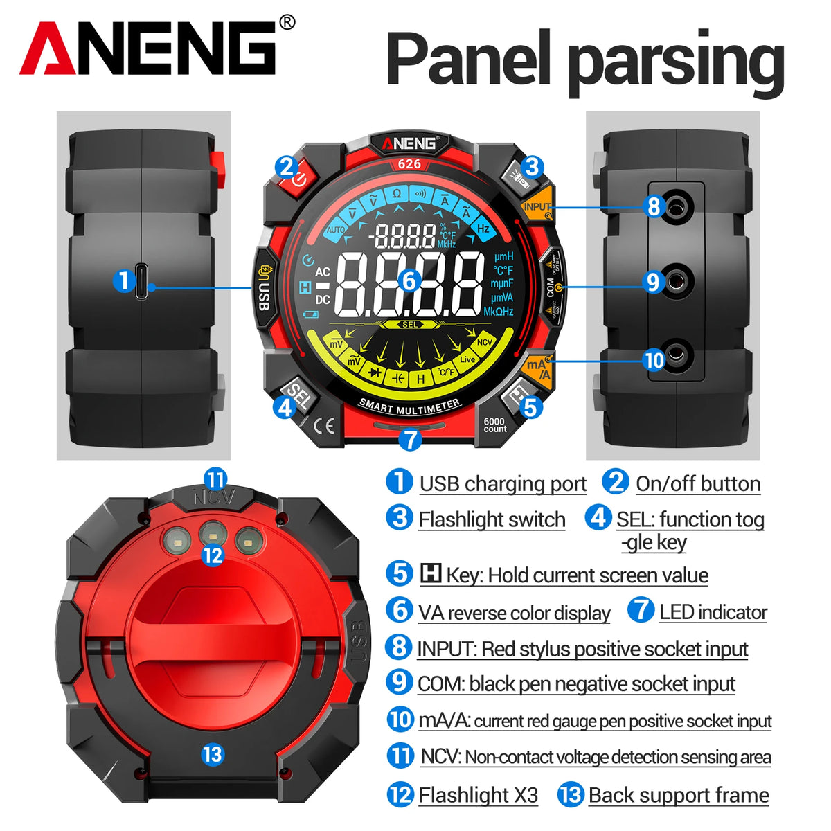 NCV Flashlight Rechargeable ANENG 626 6000 Counts VA Screen Voltage Zpaxo