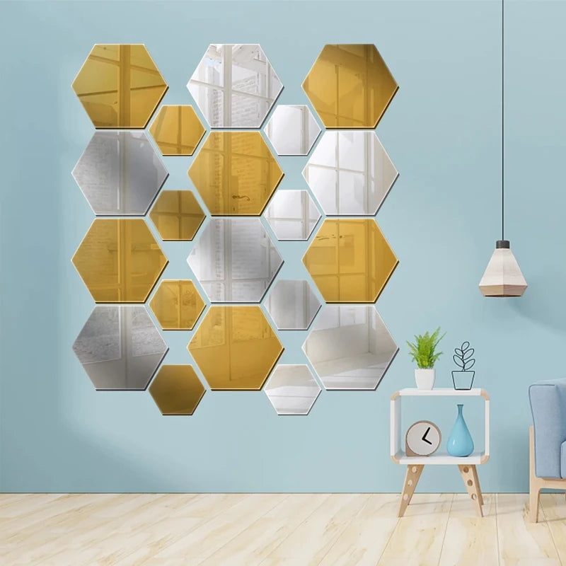 Lot Removable Geometric Mirror Wall Stickers Solid Hexagonal Shape Zpaxo