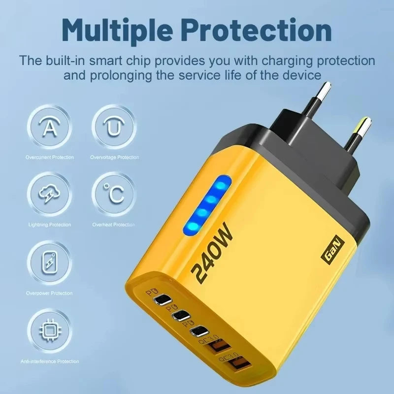 5 in 1 GaN Desktop Charger 240W Fast Charging Adapter For iPhone 17 16 15Pro Samsung 10A USB To Type C Cable 3PD 2USB Charger Zpaxo