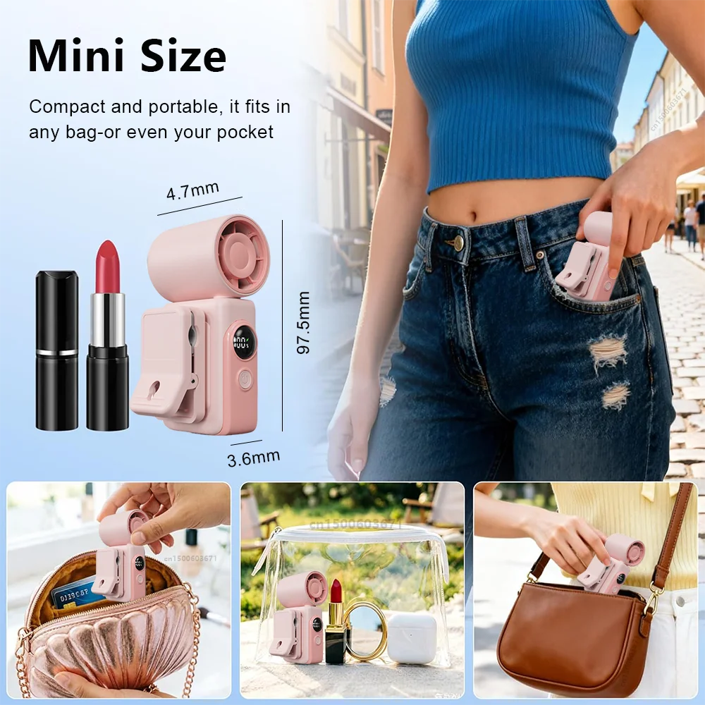 Mini Clip-on Fan Handheld Pocket Rechargeable Digital Display Air Zpaxo