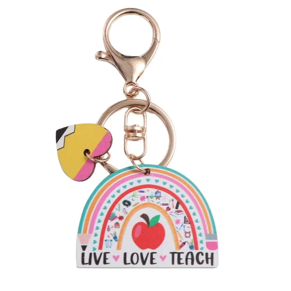 Wooden Pencil Rainbow Keychain English Letter Charm Teacher's Day Keychain Aesthetic Geometric Shape Teacher Education Pendant Zpaxo Style D