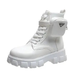 2024 Women Thick-soled Leather Boots Casual Fashion Lace-up Nylon Zpaxo White 3 35(Foot 22.5cm) China Mainland